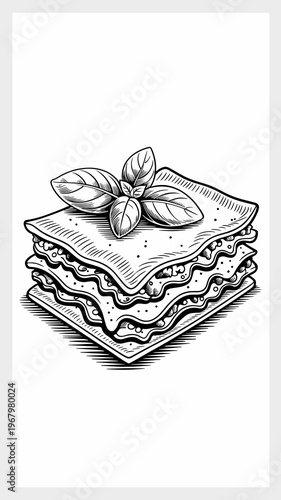 Delicious lasagna slice illustration with fresh basil garnish on top, detailed hand drawn ink line art style for restaurant menu design, culinary blog, Italian food icon, catering graphics, gourmet me