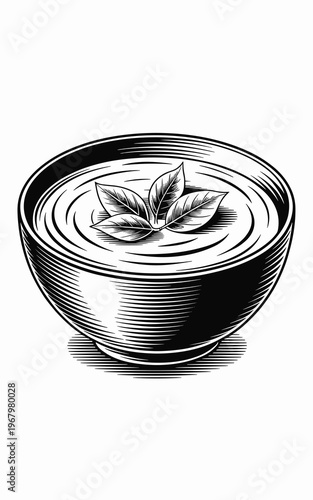A vintage etched illustration of a bowl of hot fragrant herbal soup garnished with fresh aromatic green leaves in a calming gourmet kitchen setting representing wellness nutrition healthy organic dini