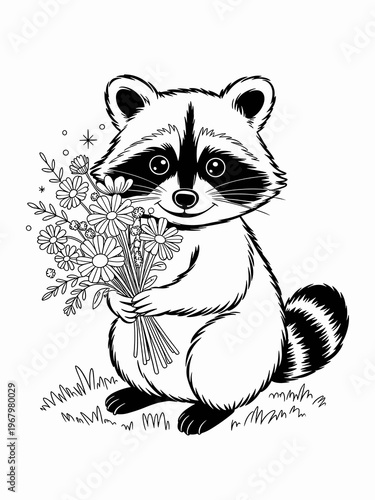 A cute cartoon raccoon happily holding a fresh bouquet of daisies in a grassy park setting, black and white minimalist line art illustration for coloring book projects, playful character design activi