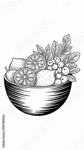 A detailed hand-drawn vector illustration of fresh citrus fruits and tart berries in a rustic wooden bowl, perfect for healthy diet, organic food menu design, culinary blog graphics, or restaurant dec