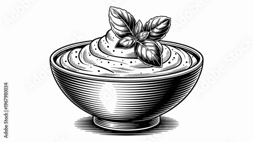 A detailed monochromatic vintage woodcut engraving style illustration of a creamy bowl of fresh herb dip garnished with aromatic basil leaves for gourmet culinary menu design, restaurant food promotio