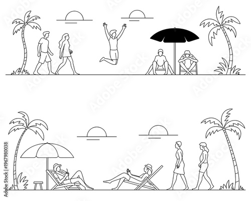 Set of outline beach icons featuring happy people walking, jumping for joy, sunbathing under parasols, and relaxing on lounge chairs in a tropical vacation resort, minimalist linear vector travel illu