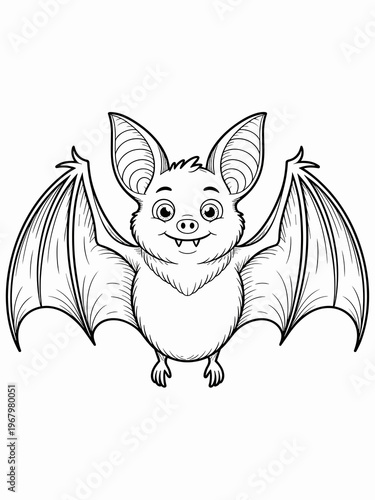 A happy cute bat spreading wings in a simple black and white line art coloring page illustration for kids and children featuring a friendly nocturnal mammal character with big eyes for fun creative ac