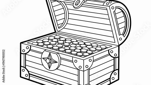 Open wooden treasure chest filled with gold coins for coloring, a classic pirate fortune icon isolated on white, great for kids activity books, adventure games, mystery theme projects, or creative des