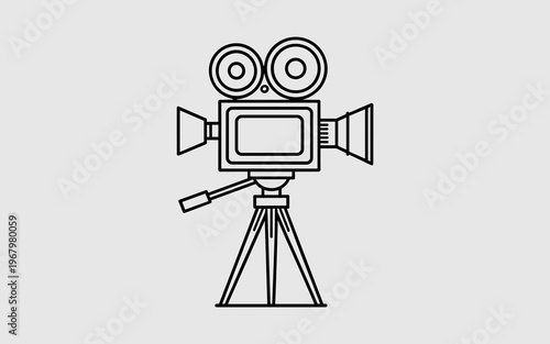Minimalist vector illustration of a professional cinematic movie camera on a sturdy tripod for film production, representing video recording technology, broadcast media industry, media arts, and digit
