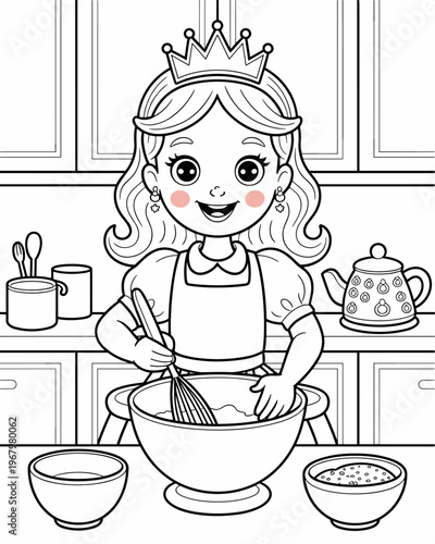 Cute little princess wearing a royal crown baking in a kitchen, using a whisk to mix batter in a ceramic bowl, preparing a delicious home cake recipe, coloring page for kids, artistic illustration art