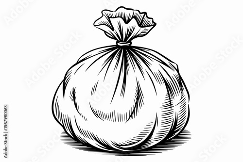 A black and white line art illustration of a tied trash bag isolated on a white background representing waste management, garbage disposal, ecological cleanup, household cleaning, and recycling concep