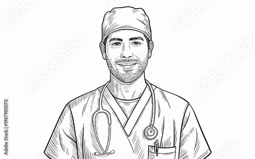 Professional male surgeon doctor portrait wearing medical scrubs with stethoscope around neck in hospital setting clean line art illustration style representing healthcare expertise wellness care serv