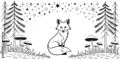Cute cartoon fox sitting in an enchanting forest landscape coloring page with stylized pine trees mushrooms under a magical starry night sky outline illustration for kids art mindfulness therapy hobby