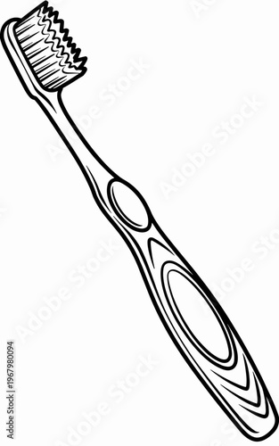 A detailed monochromatic black and white digital illustration of a single plastic toothbrush featuring ergonomic rubber grip details representing personal hygiene care dental health wellness and oral 
