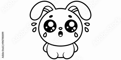 Sad crying bunny coloring page illustration for kids featuring an anxious rabbit with teary eyes expressing emotional distress in a simple cute black and white outline style for creative children art 