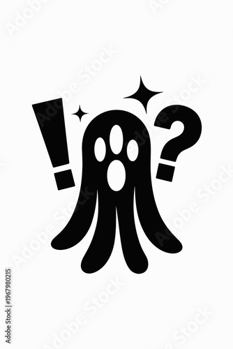 Surprised ghost vector graphic icon featuring a mysterious phantom character with exclamation point and question mark symbols for Halloween UI design, digital sticker art, motion graphics, or spooky g