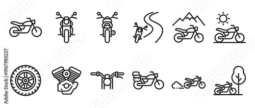 Collection of various simple black outline motorcycle icons depicting different views and scenarios