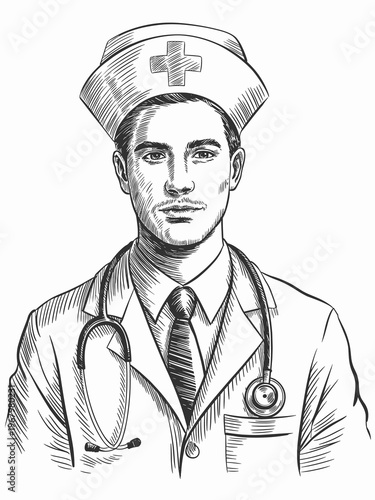 A detailed monochromatic sketch portrait of a male nurse wearing a vintage style cap and stethoscope, professional healthcare worker in uniform, medical personnel concept for clinic, hospital or clini
