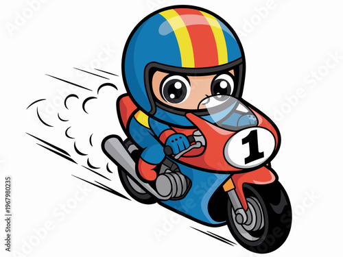 Cute cartoon character riding a fast red sport motorcycle with number one plate on a speed race track, dynamic motion blur lines effect, vibrant vector art for children kids branding, hobby leisure co