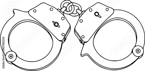 Black and White Outline of Metal Handcuffs with Chain White Background security arrest