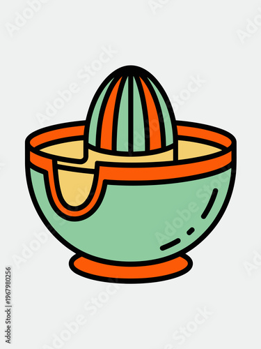 A vibrant vintage citrus juicer illustration featuring a colorful orange and teal lime design for manual fruit extraction, perfect for healthy kitchen lifestyle, cooking recipes, breakfast menus and a