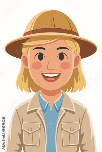 Friendly woman explorer character wearing a traditional pith hat and khaki field shirt for adventure travel exploration or wilderness safari tour guide services as a professional hiking trekking icon 