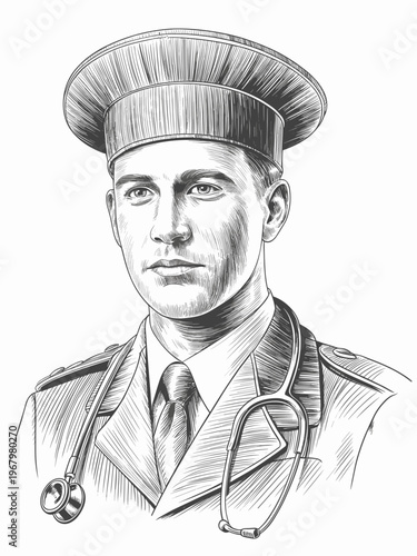 A detailed monochromatic artistic portrait of a professional military medical doctor wearing a formal uniform and a stethoscope around his neck representing health care service commitment and patrioti