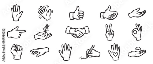 Collection of hand-drawn human hand gestures and actions in a simple black and white outline style