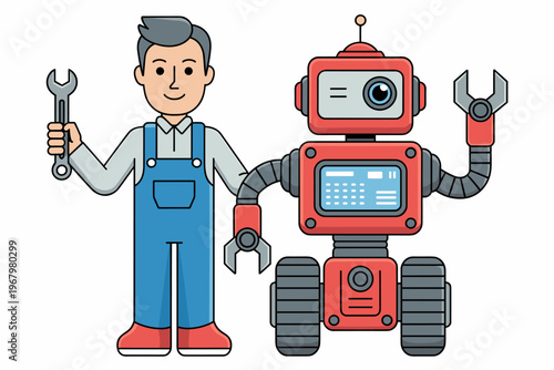 Professional male mechanic with wrench standing beside an advanced red service robot on white background perfect for industrial hardware repair engineering maintenance tech support smart factory innov