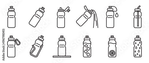 Collection of black outline sport water bottle icons in various positions and states, depicting hydration