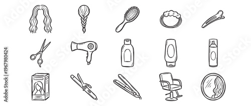 Collection of hand-drawn black and white line art illustrations depicting various hairdressing tools and accessories, presented in a clean, graphic style