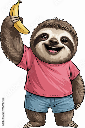 A cute anthropomorphic sloth mascot character wearing a casual pink t-shirt and blue shorts while happily holding a ripe yellow banana, isolated on a white background, perfect for educational icons, b