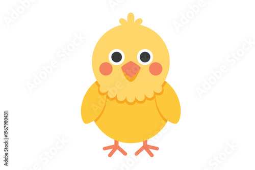 A cute cartoon baby chick character portrait with fluffy yellow feathers, a tiny orange beak, rosy blush cheeks and expressive eyes on a clean white background, perfect for nursery decor, kids storybo