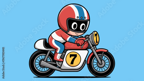 Cartoon motorcycle racer character riding a vintage retro motorbike with number seven, stylized professional motorsport mascot icon featuring a classic helmet on a solid light blue background for web 