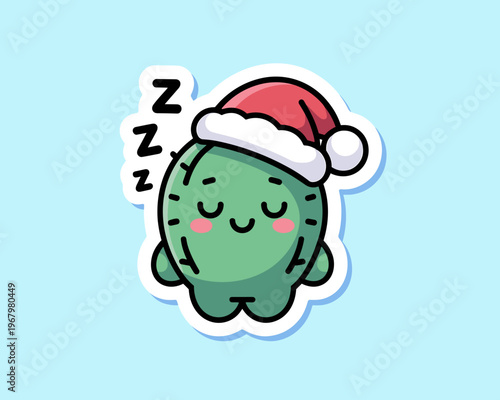 Cute cartoon sleepy cactus character wearing a red Christmas Santa hat, resting peacefully with zzz sleeping symbols in a flat vector design perfect for festive holiday stationery designs or kids stic