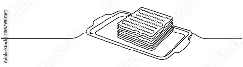 Stack of lasagna noodles in a baking dish is depicted in a continuous line art style, showcasing a simple culinary concept
