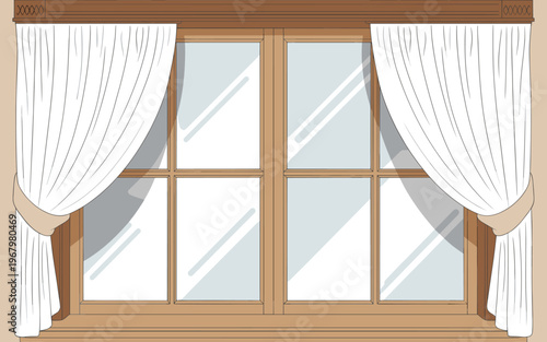 Stylized flat illustration of a classic wooden window with elegant white draped curtains on a beige wall, perfect for interior design mockups, apartment renovation concepts, home staging, and decor id