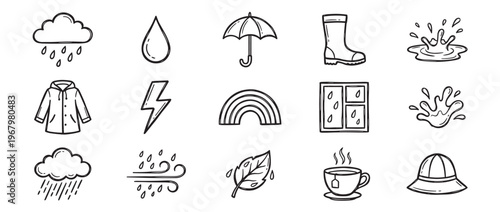 Hand-drawn black and white doodle icons depict various weather elements and rainy day items in a charming, simple style