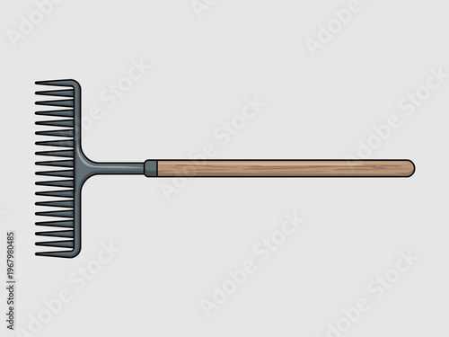 Sturdy garden rake with a wooden handle and durable metal head isolated on white background for landscaping design featuring agricultural farming equipment tools used for lawn yard maintenance soil cu