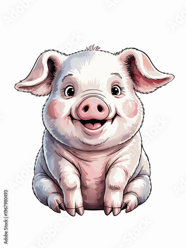 Cute baby piglet smiling with rosy cheeks sitting against a clean white background, adorable domestic farm animal portrait for children book illustration, vector style mascot design for web or print d