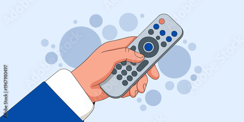 A business professional holds a digital television remote control in a modern conceptual illustration setting representing home entertainment leisure media management service accessibility wireless de