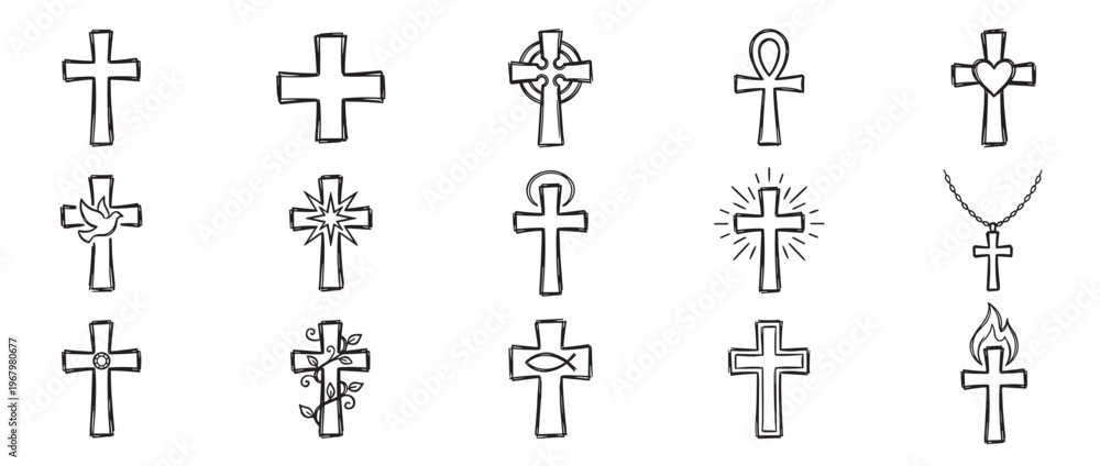 Fototapeta premium Collection of fifteen hand-drawn Christian cross symbols, featuring various religious motifs and styles, presented in a doodle art style