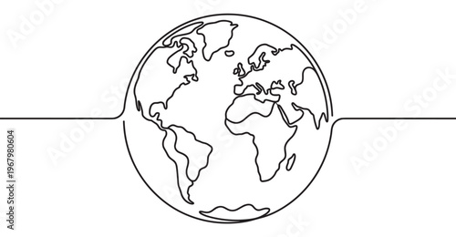 Continuous line drawing of the Earth globe showing continents, rendered in a minimalist black and white vector illustration