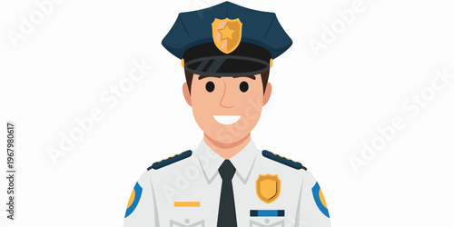 Professional police officer portrait wearing a traditional blue uniform and peaked cap, flat vector illustration showing a friendly male law enforcement authority figure for public safety and justice 