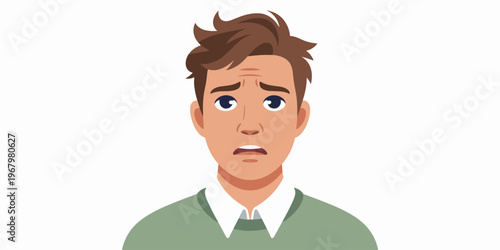 A frustrated and stressed young man with a worried facial expression showing anxiety or concern, depicted in a clean flat vector illustration style for corporate communication, psychological health th