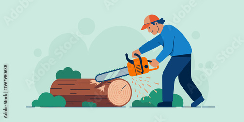 Professional lumberjack using a power chainsaw to cut a large wooden log in a forest setting, depicting forestry operations, environmental industry, rural labor, woodcraft, and manual work in flat des