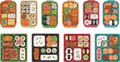 Assorted Japanese Bento Box Vector Set Featuring Traditional Sushi Rolls, Sashimi, Rice, and Healthy Meal Prep Containers for Food Menus and Lifestyle Designs
