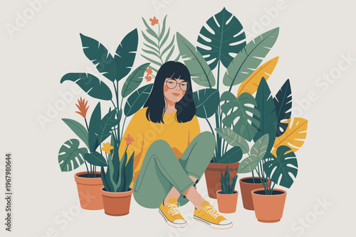 A serene young woman with dark hair and glasses sitting peacefully surrounded by a lush indoor oasis of diverse potted tropical plants and foliage in a minimalist flat vector illustration style for we