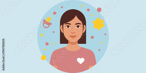 A happy young woman illustration with a soft pastel blue background featuring a pacifier and star icons representing maternity childcare parenting family care fertility support nurse nanny life concep