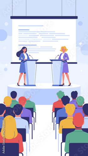 Two professional women engaging in a formal public debate at podiums set before an attentive audience in a modern conference hall for business presentations, political election campaigns, and seminar 