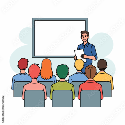 Professional man delivering a business presentation to a diverse group of attentive trainees or students in a modern office, showing educational training workshops, corporate learning, and communicati