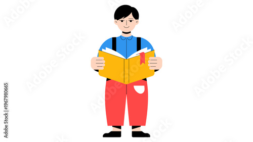 Young schoolboy reading a yellow open book in a flat vector illustration style, symbolizing education, knowledge, literacy, childhood learning, study habits, academic growth, student focus, and intell