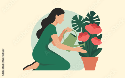A woman tending to a vibrant potted indoor plant with a watering can in a cozy home environment, symbolic of nurturing self-care, mindfulness, peaceful lifestyle, botanical hobby, eco-friendly green l