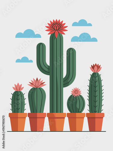 Minimalist vector illustration featuring a row of five diverse potted cacti with blooming pink and red flowers, set against a clean white background with simple blue clouds in a modern flat design sty